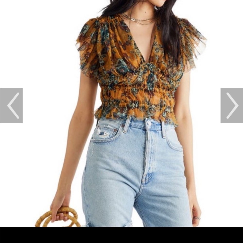 Free People Floral Ruffle Blouse in Mustard and Blue